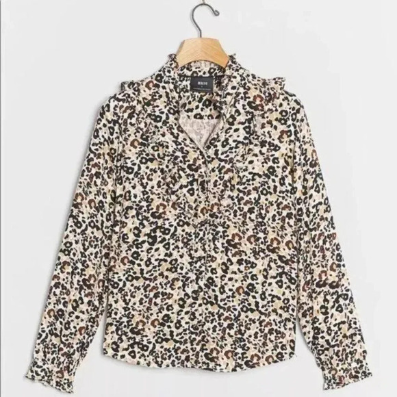 ANTHROPOLOGIE Maeve Katia Ruffled Button Down Blouse Leopard Print Size 2 - Picture 1 of 7